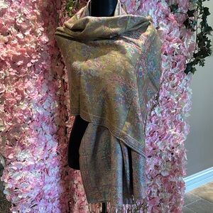 Pashmina100% Fringe Shawl Wrap in Olive and Pink